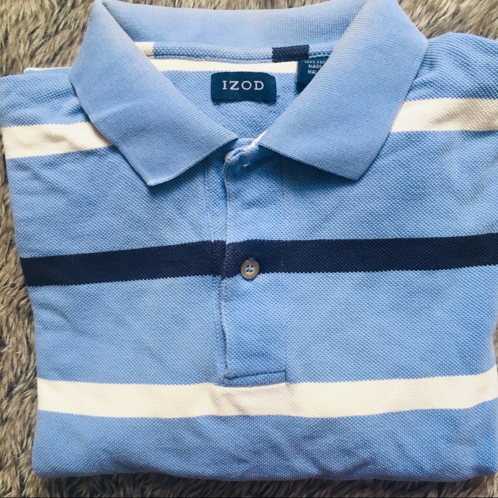 IZOD men’s blue white striped short sleeve polo Tshirt size medium